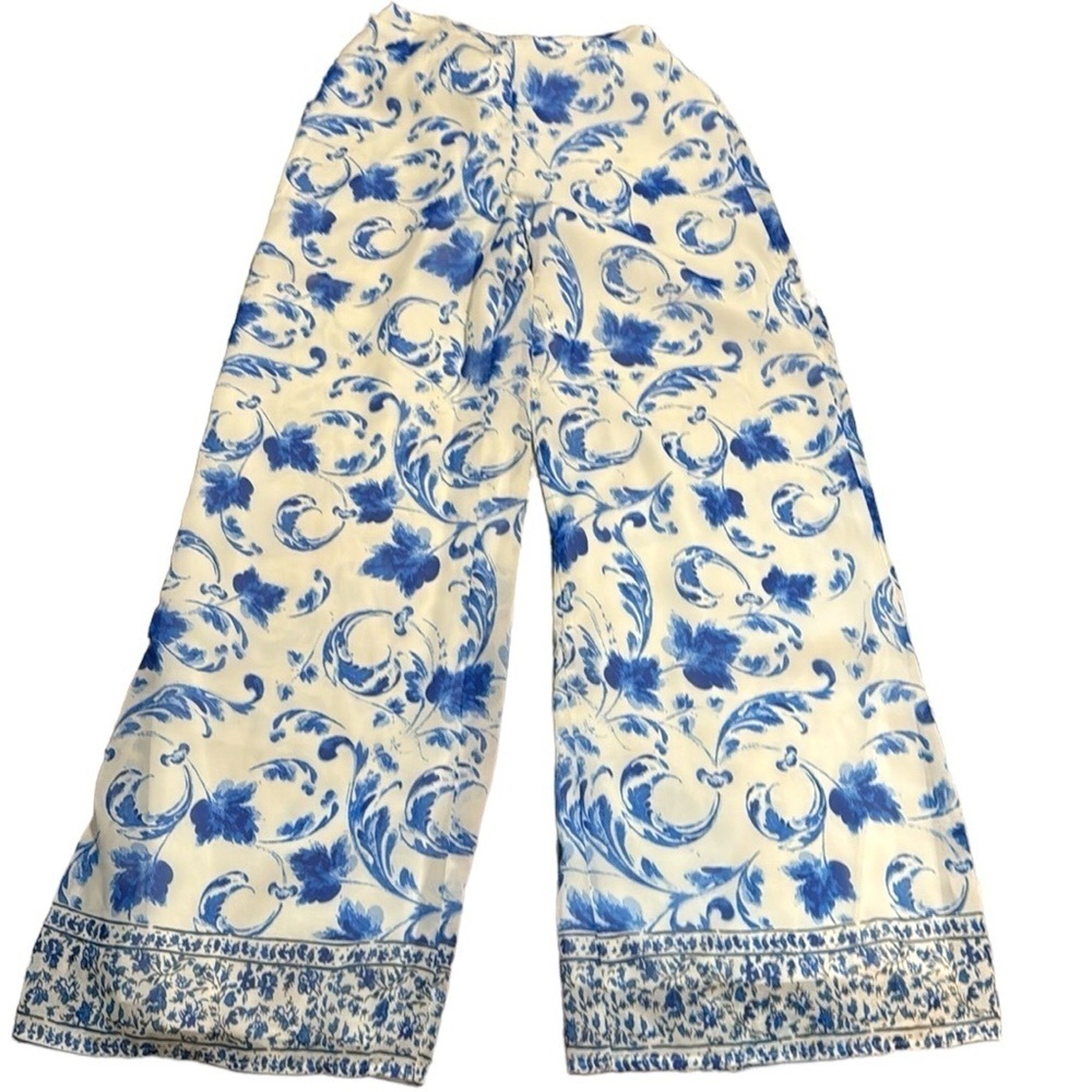 Fashion Nova pull on‎ blue ivory floral print wide leg chiffon lined pants Sz S